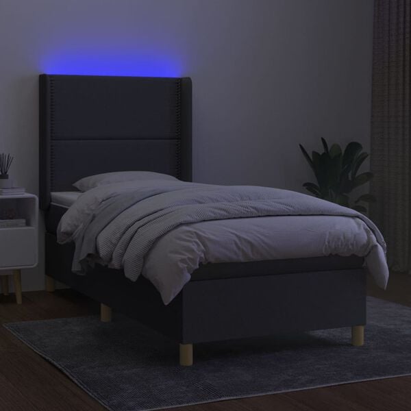 vidaXL Cama box spring colch&oacute;n y luces LED tela gris oscuro 80x200 cm