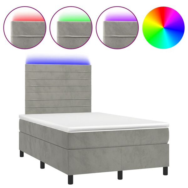 vidaXL Cama box spring colch&oacute;n y LED terciopelo gris claro 120x200 cm