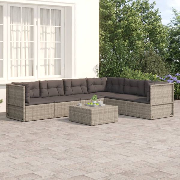 vidaXL Set de muebles de jard&iacute;n 6 pzas y cojines rat&aacute;n sint&eacute;tico gris