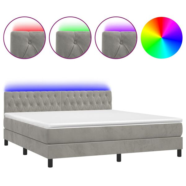 vidaXL Cama box spring colch&oacute;n y LED terciopelo gris claro 160x200 cm