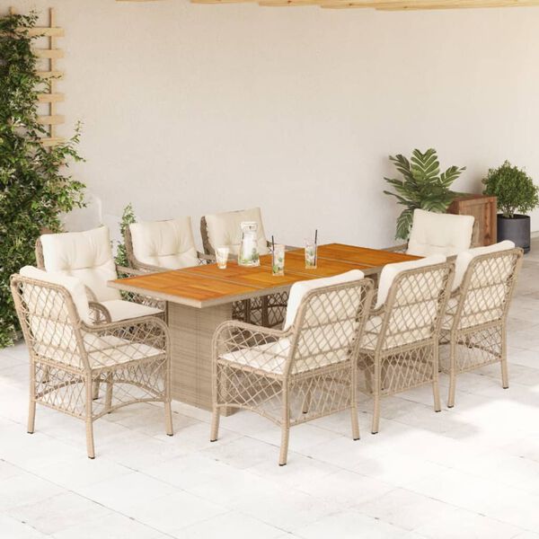 vidaXL Set comedor de jard&iacute;n 9 pzas con cojines rat&aacute;n sint&eacute;tico beige