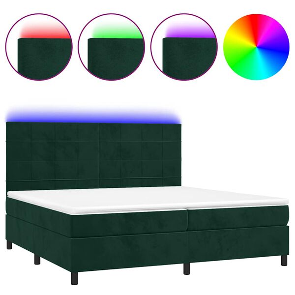 vidaXL Cama box spring colch&oacute;n y LED terciopelo verde oscuro 200x200cm