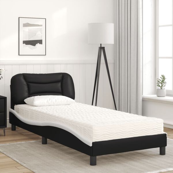vidaXL Cama con colchón Hvar cuero sintético negro y blanco 90x190 cm
