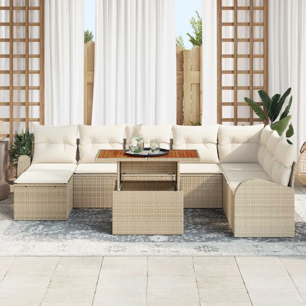 vidaXL Conjunto de sof&aacute; de jard&iacute;n 9 pcs Beige Polirat&aacute;n