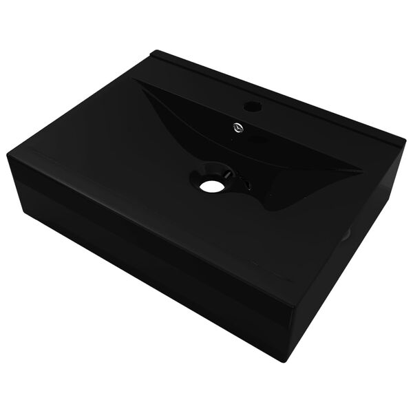 vidaXL Lavabo rectangular cer&aacute;mica orificio de grifo negro 60x46 cm
