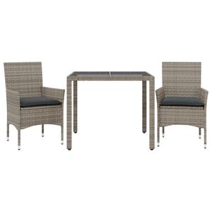 vidaXL Set comedor jard&iacute;n 3 pzas y cojines rat&aacute;n sint&eacute;tico vidrio gris