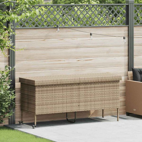 vidaXL Caja de almacenaje jard&iacute;n ruedas rat&aacute;n PE beige 160x55x75 cm