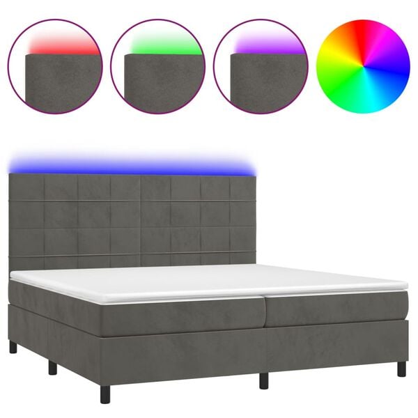 vidaXL Cama box spring colch&oacute;n y LED terciopelo gris oscuro 200x200 cm