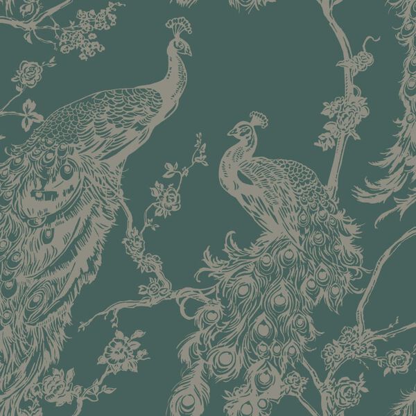 DUTCH WALLCOVERINGS Papel pintado pavo real verde y plateado