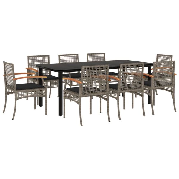 vidaXL Set comedor jard&iacute;n 9 pzas y cojines rat&aacute;n sint&eacute;tico gris