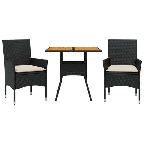 vidaXL Set de comedor jard&iacute;n 3 pzas con cojines rat&aacute;n PE acacia negro