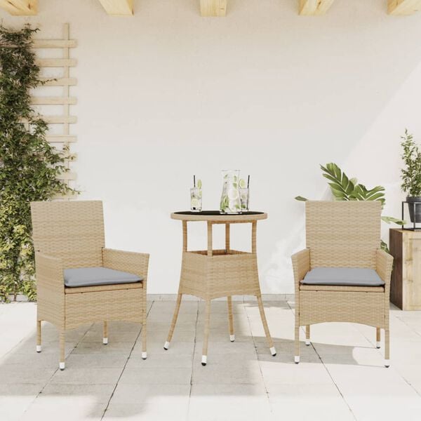 vidaXL Set comedor jard&iacute;n 3 pzas cojines rat&aacute;n sint&eacute;tico vidrio beige
