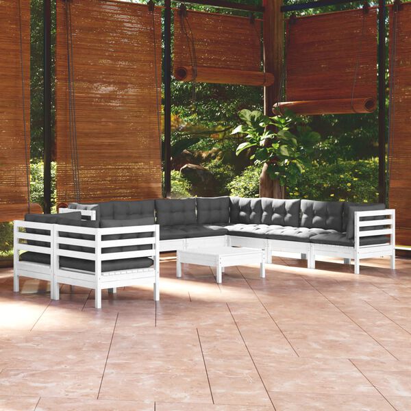 vidaXL Muebles de jard&iacute;n 10 pzas con cojines blanco madera maciza pino