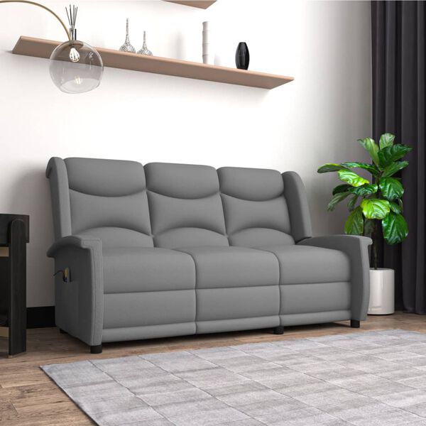 vidaXL Sill&oacute;n de masaje reclinable 3 plazas tela microfibra gris claro