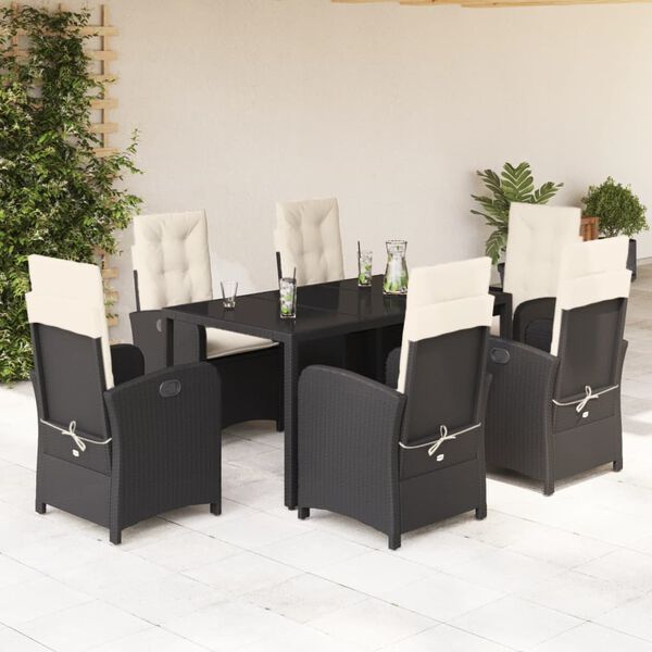vidaXL Set de comedor de jard&iacute;n 7 pzas y cojines rat&aacute;n sint&eacute;tico negro