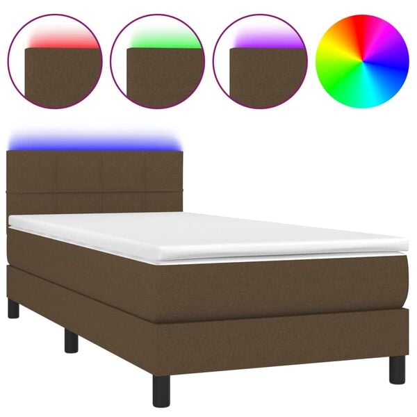 vidaXL Cama box spring colch&oacute;n y luces LED tela marr&oacute;n oscuro 80x200cm