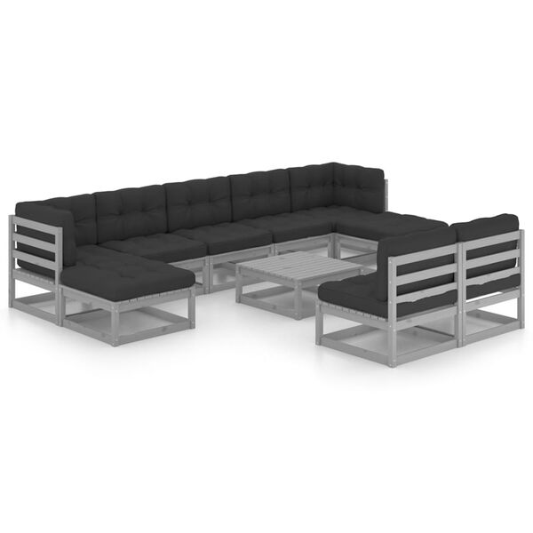 vidaXL Set de muebles de jard&iacute;n 10 pzas con cojines madera pino gris