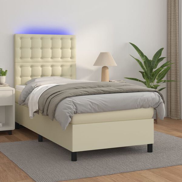 vidaXL Cama box spring y colch&oacute;n LED cuero sint&eacute;tico crema 90x200 cm