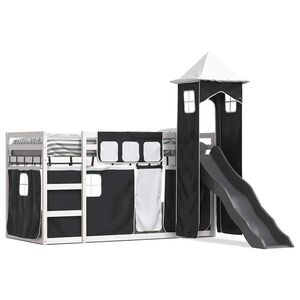 vidaXL Litera con tobog&aacute;n y cortinas blanco y negro 90x200 cm