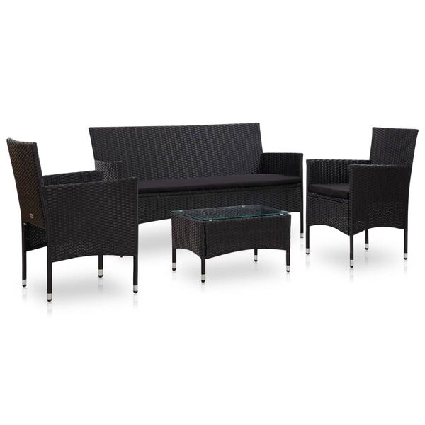 vidaXL Set de muebles de jard&iacute;n 4 pzas y cojines rat&aacute;n sint&eacute;tico negro
