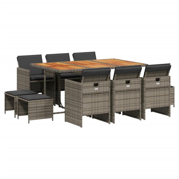 vidaXL Set de comedor de jard&iacute;n 11 pzas y cojines rat&aacute;n sint&eacute;tico gris