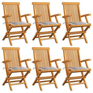 vidaXL Sillas plegables con cojines de estampado a cuadros grises, 6 unidades, madera maciza de teca.
