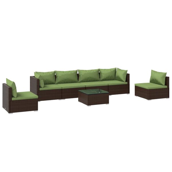 vidaXL Set muebles de jard&iacute;n 7 piezas y cojines rat&aacute;n sint&eacute;tico marr&oacute;n