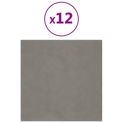 vidaXL Paneles de pared 12 uds terciopelo gris claro 30x30 cm 1,08 m²