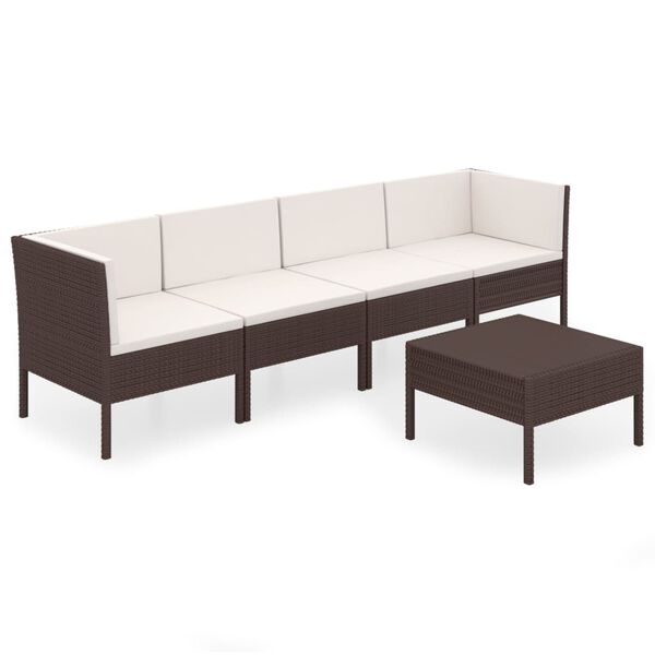 vidaXL Set muebles de jard&iacute;n 5 pzas y cojines rat&aacute;n sint&eacute;tico marr&oacute;n