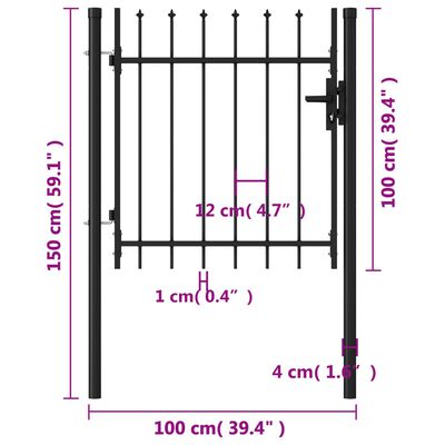 vidaXL Cancela de valla con una puerta y puntas acero negro 1x1 m