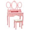 vidaXL Tocador con taburete y espejo triple plegable rosa