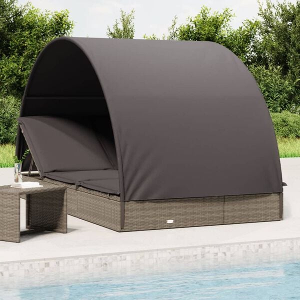 vidaXL Tumbona 2 personas toldo redondo rat&aacute;n PE gris 211x112x140 cm