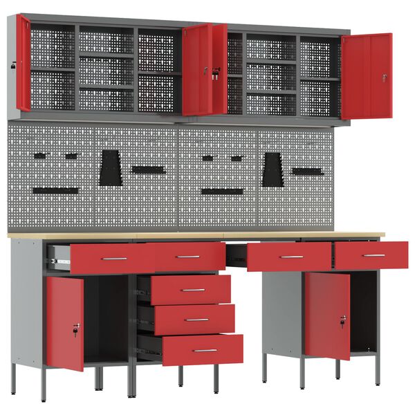 vidaXL Banco de trabajo con cajón 10 pcs Rojo 200 x 55 x 200 cm Acero