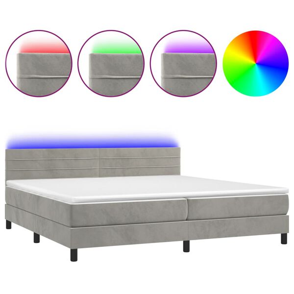 vidaXL Cama box spring colch&oacute;n y LED terciopelo gris claro 200x200 cm