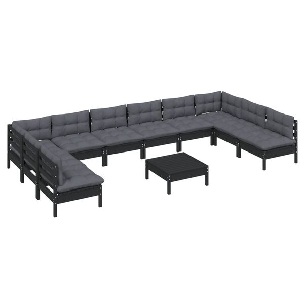vidaXL Muebles de jard&iacute;n 11 pzas y cojines negro madera maciza de pino