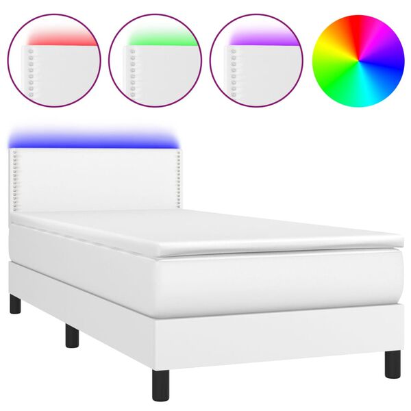 vidaXL Cama box spring y colch&oacute;n LED cuero sint&eacute;tico blanco 90x190 cm