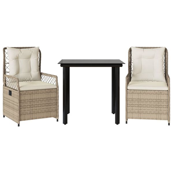 vidaXL Set comedor de jard&iacute;n 3 pzas con cojines rat&aacute;n sint&eacute;tico beige