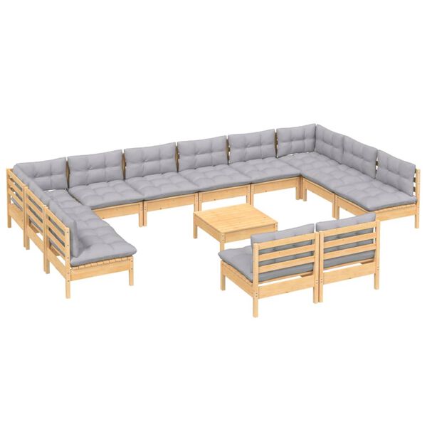 vidaXL Muebles de jard&iacute;n 13 pzas y cojines madera maciza de pino gris