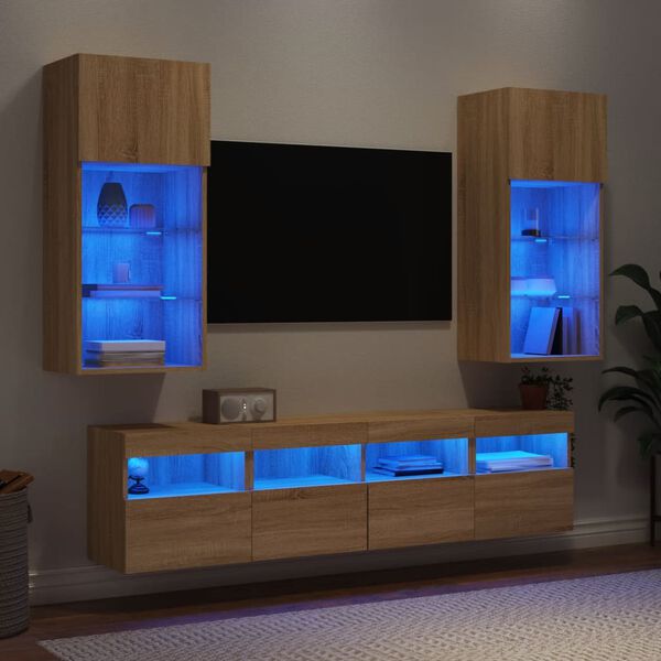 vidaXL Muebles TV pared con LED 5 pzas madera ingeniería roble Sonoma