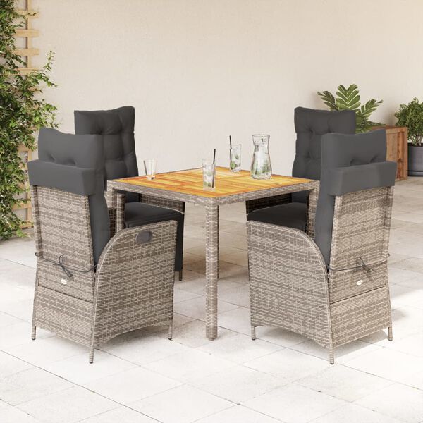 vidaXL Set comedor de jard&iacute;n 5 piezas con cojines rat&aacute;n sint&eacute;tico gris