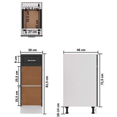 vidaXL Armario inferior cajón cocina contrachapada gris 30x46x81,5cm