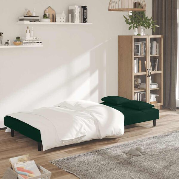 vidaXL Sof&aacute; cama de 2 plazas con dos almohadas terciopelo verde oscuro