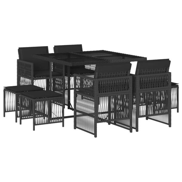 vidaXL Set de comedor de jard&iacute;n 9 pzas y cojines rat&aacute;n sint&eacute;tico negro