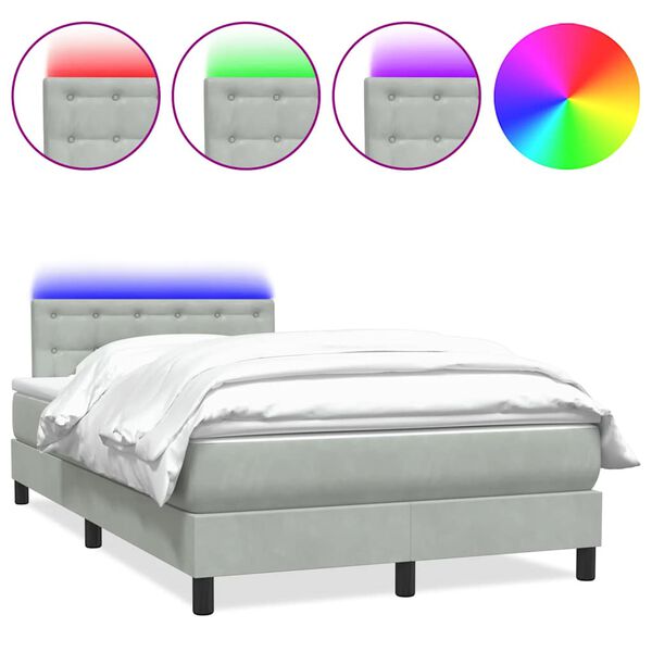 vidaXL Cama box spring con colch&oacute;n y LED terciopelo gris claro 120x220 cm