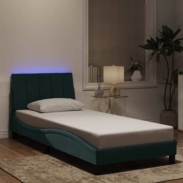 vidaXL Estructura de cama con LED sin colch&oacute;n Hanko terciopelo verde oscuro 90x200 cm