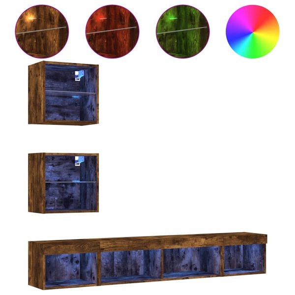 vidaXL Muebles TV pared con LED 5 pzas madera ingenier&iacute;a roble ahumado