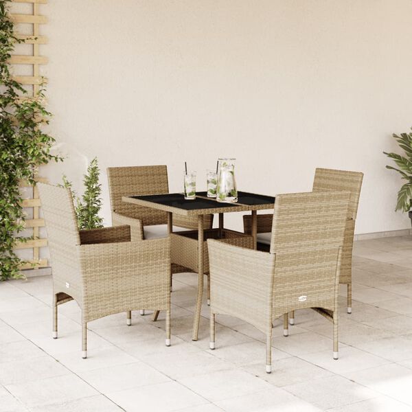 vidaXL Set comedor jard&iacute;n 5 pzas cojines rat&aacute;n sint&eacute;tico vidrio beige