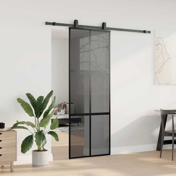 vidaXL Puerta corredera con herrajes negro 76x205 cm vidrio templado