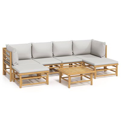 vidaXL Set de muebles de jardín 7 piezas bambú y cojines gris claro