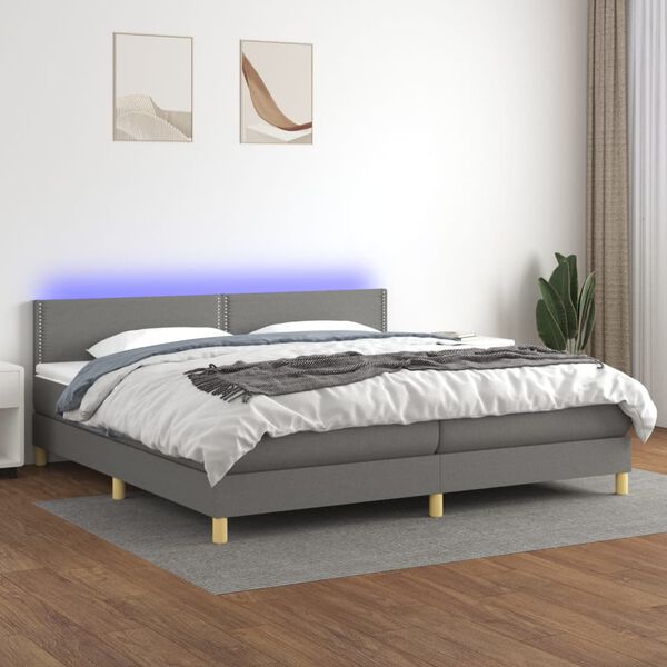 vidaXL Cama box spring con colch&oacute;n y LED tela gris oscuro 200x200 cm